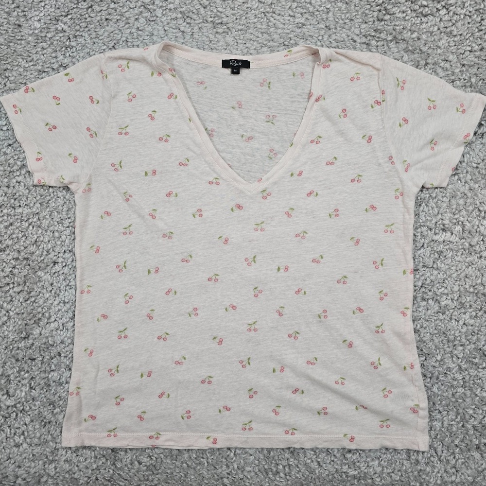Rails Cara V-Neck Tee Womens Medium White Pink Cherry Print Linen Blend Coquette